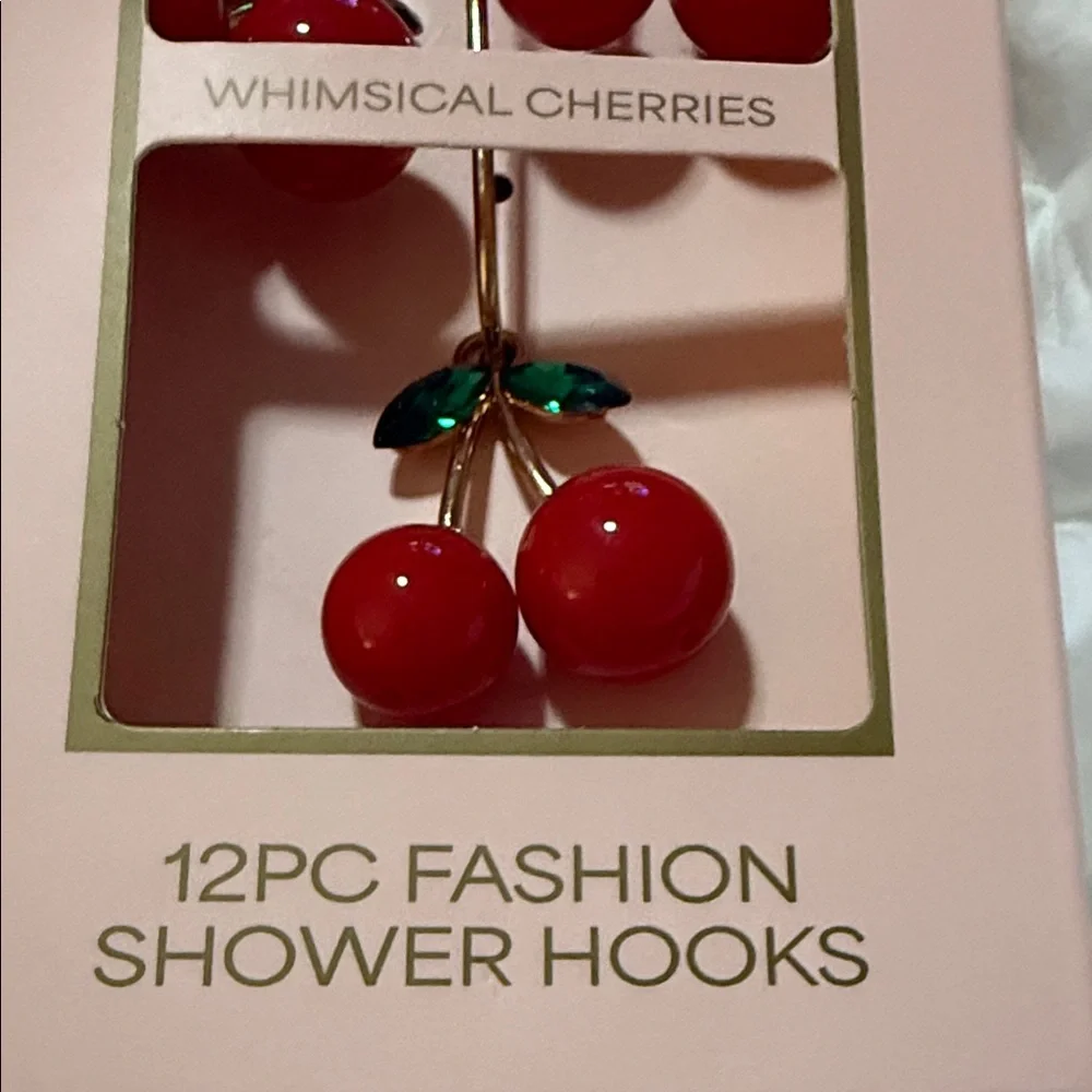 Vanderbilt Whimsical Cherries Shower Hooks - Red Cherries 🍒 Green Leaves (12pc)